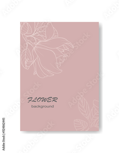 Vector background with magnolia flower and leaves made of thin lines on pink background. Suitable for design of invitations, cards, posters, covers, packaging .