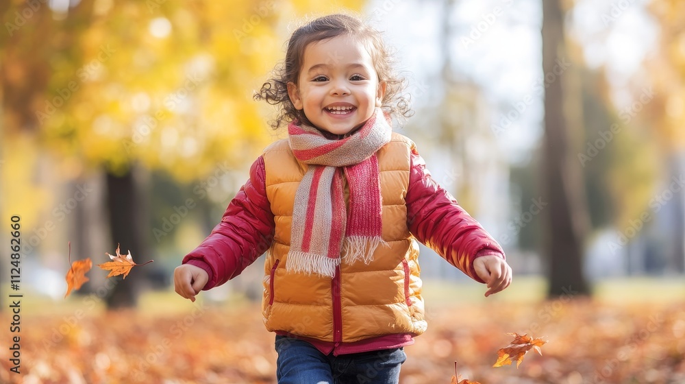 Happy Child Playing in Autumn Park - Joyful Kid Jumping in Colorful Leaves Wearing Puffer Vest and Scarf Happy Child Playing in Autumn Park - Joyful Kid Jumping in Colorful Leaves Wearing Puffer Vest and Scarf