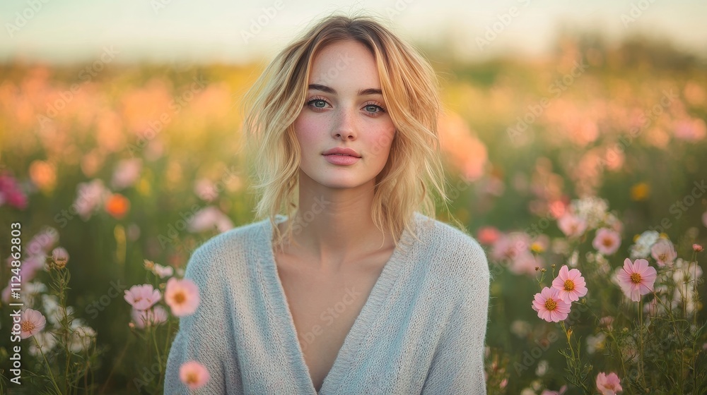 Serene Female in Light Spring Cardigan Standing in Flower Field with Dreamy Pastel Palette