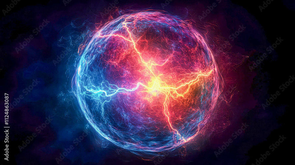 A sphere surrounded by streams of blue and red energy, giving the impression of confrontation or interaction of two opposing forces. A sphere surrounded by streams of blue and red energy, giving the impression of confrontation or interaction of two opposing forces.