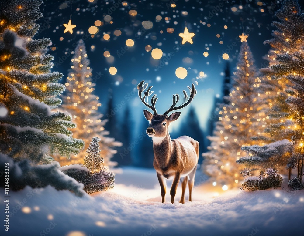 Festive Atmosphere: Reindeer Among Christmas Trees and Stars Festive Atmosphere: Reindeer Among Christmas Trees and Stars