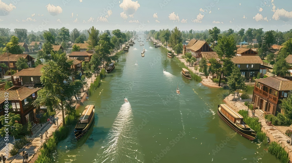 Fototapeta premium A serene riverside scene featuring boats and lush greenery.