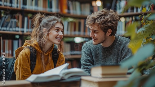 Two students share a lively conversation in a cozy library while surrounded by shelves of books. Their expressions reflect enthusiasm for their study topic and connection