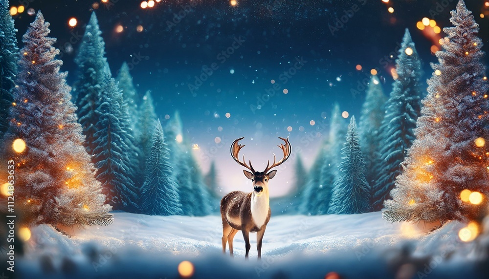 A Magical Christmas Banner: Reindeer Amid Twinkling Lights and Stars A Magical Christmas Banner: Reindeer Amid Twinkling Lights and Stars