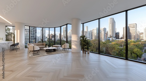 Wallpaper Mural Modern interior design of a spacious living room with city skyline view through large windows Torontodigital.ca