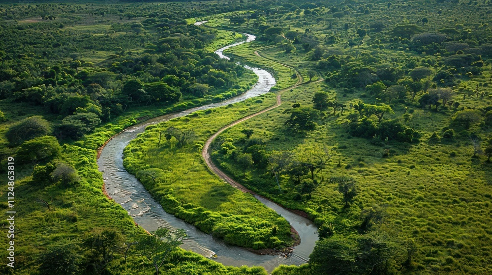 Aerial view of a winding river through lush green landscapes. Aerial view of a winding river through lush green landscapes.