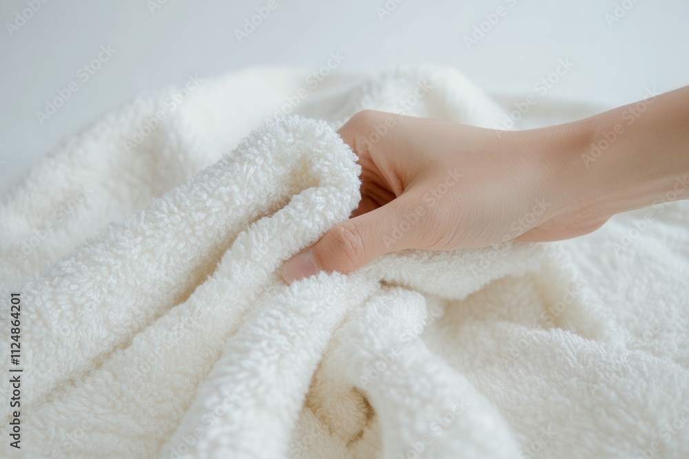 Soft white towel texture with hand of young asian female touching fabric surface. Soft white towel texture with hand of young asian female touching fabric surface.