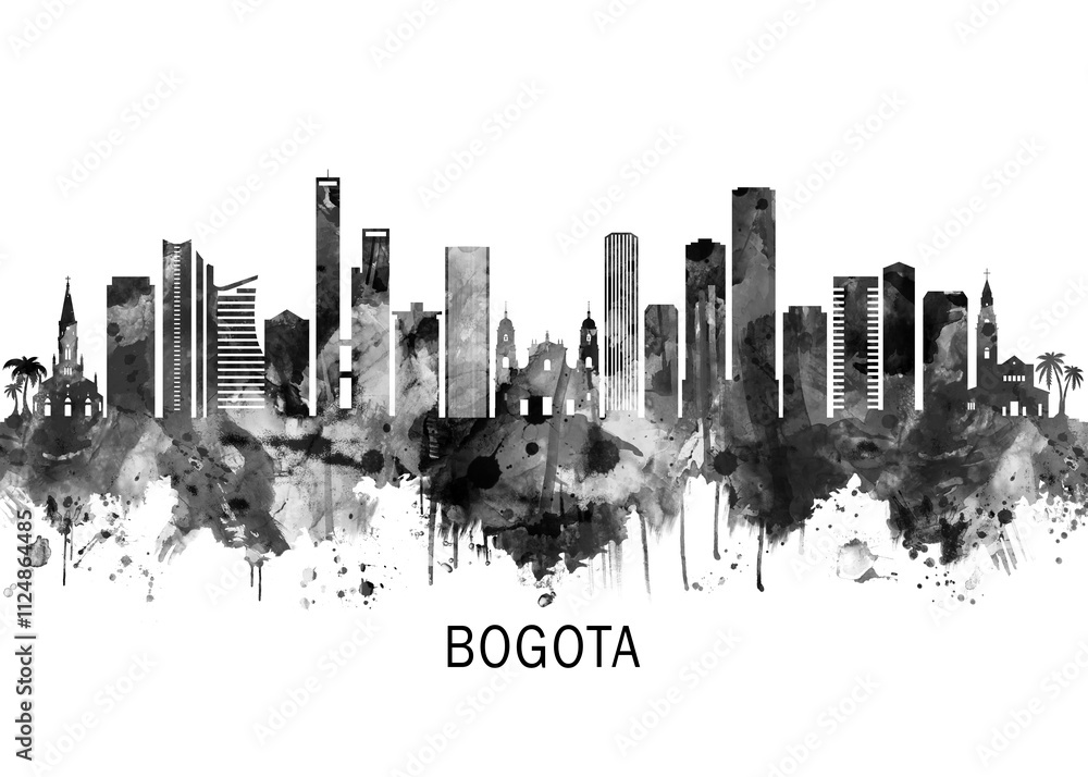 Bogota Colombia Skyline BW, cityscape buildings city skyline architecture illustration abstract modern painting travel poster landscape print urban art