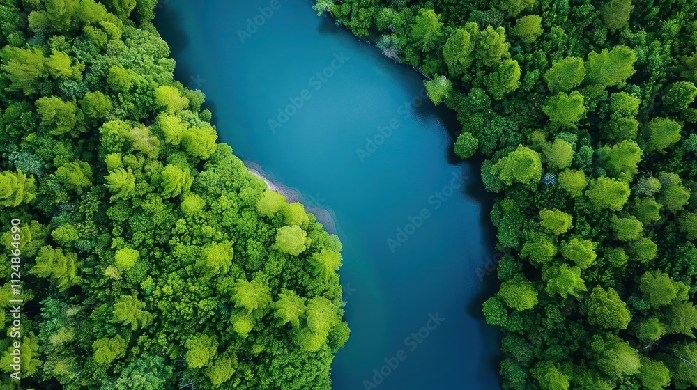 Aerial view of a winding river surrounded by lush green forests. Aerial view of a winding river surrounded by lush green forests.