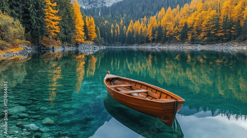 Serene Autumn Lake with Wooden Rowboat