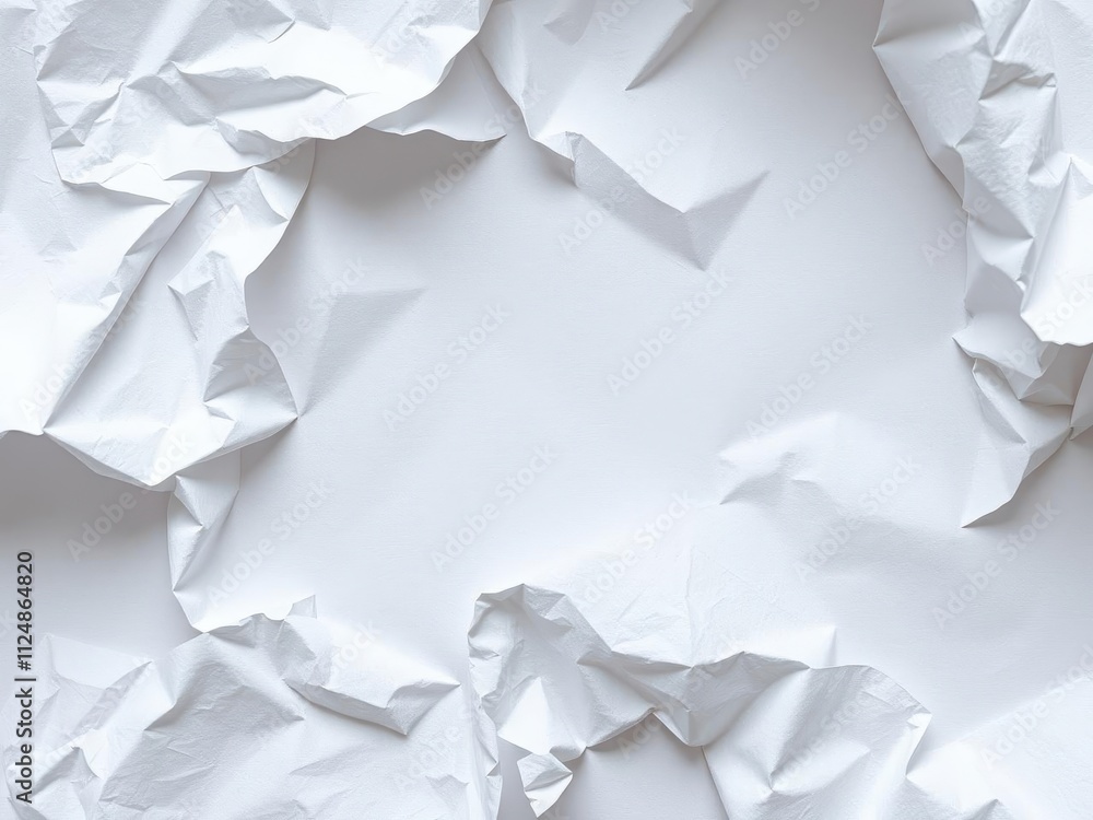 A crumpled white paper with scattered wrinkles and creases on a white background, flat lay, reminder A crumpled white paper with scattered wrinkles and creases on a white background, flat lay, reminder
