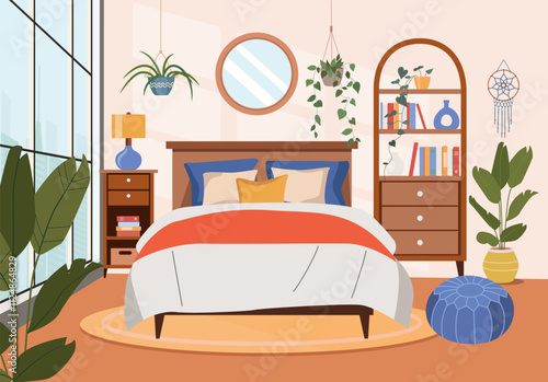Bedroom interior. Comfortable bed, window,  bookcase and house plants. Vector flat cartoon illustration