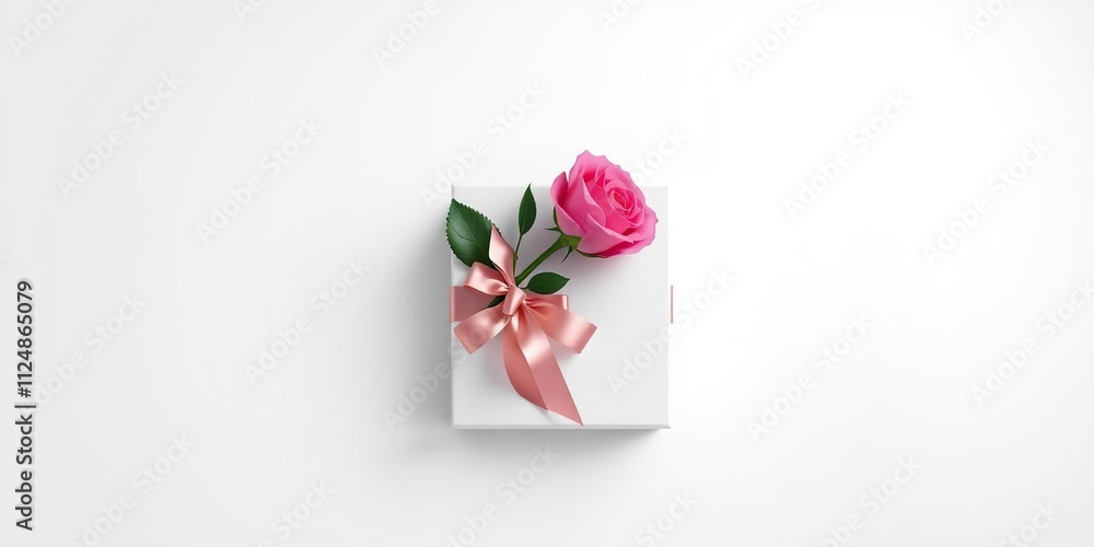 Gift box with a single pink rose in a white background, gift wrapping, white background, pink flowers Gift box with a single pink rose in a white background, gift wrapping, white background, pink flowers