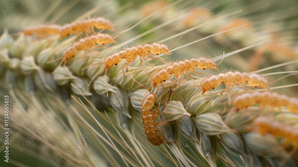 Close-up of small orange insects on a plant stem, showcasing their habitat and behavior. Close-up of small orange insects on a plant stem, showcasing their habitat and behavior.
