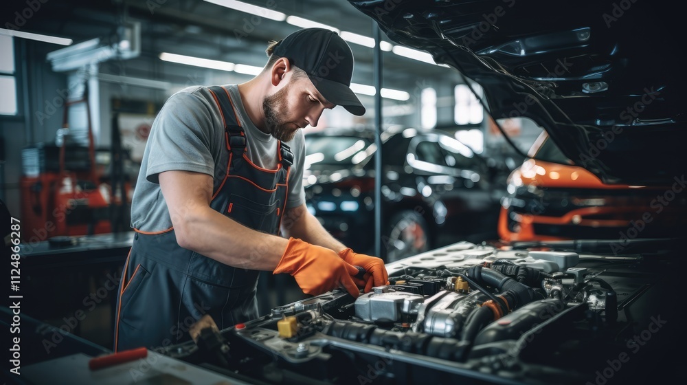 Portrait Shot of a Handsome Mechanic Working on a Vehicle in a Car Service. Professional Repairman is Wearing Gloves and Using a Ratchet Underneath the Car. Modern Clean Workshop. Portrait Shot of a Handsome Mechanic Working on a Vehicle in a Car Service. Professional Repairman is Wearing Gloves and Using a Ratchet Underneath the Car. Modern Clean Workshop.