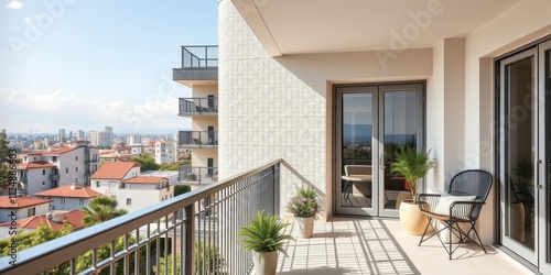 A spacious balcony overlooking a scenic view, with plenty of empty space for text or graphics, serene, concept