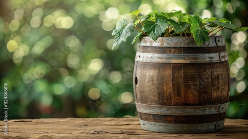 Wallpaper Mural A wooden barrel planter filled with green plants against a blurred natural background. Torontodigital.ca