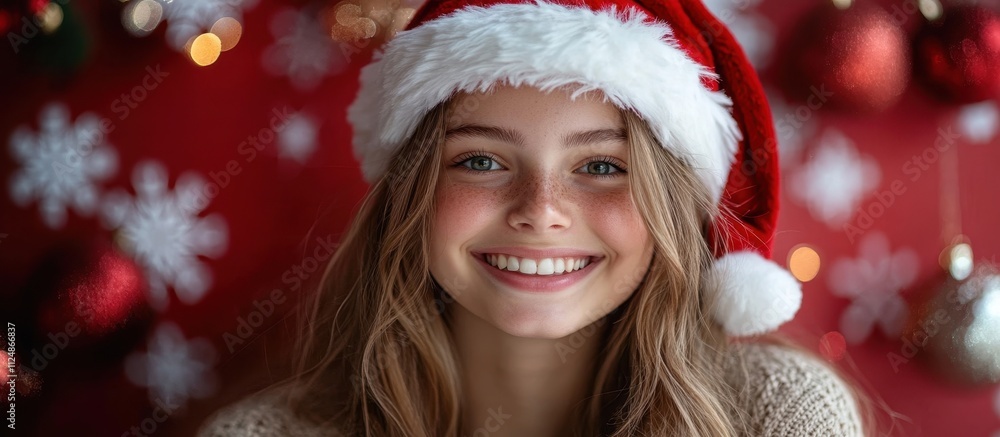 Festive Portrait of a Smiling Young Woman in Santa Hat with Holiday Background and Christmas Decorations Festive Portrait of a Smiling Young Woman in Santa Hat with Holiday Background and Christmas Decorations