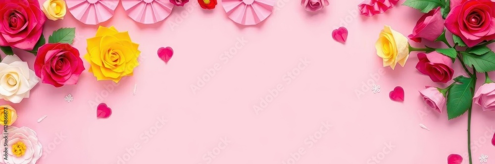 Backdrop of colorful paper roses in shades of pink, yellow, and red on a white background, pattern, colorful Backdrop of colorful paper roses in shades of pink, yellow, and red on a white background, pattern, colorful