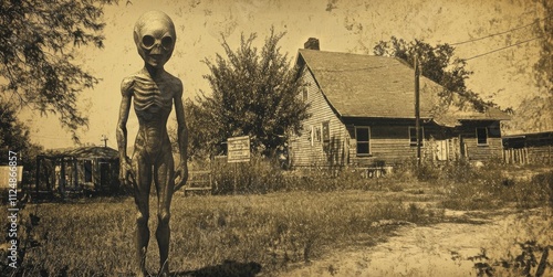 An old vintage style photo in sepia tones shows a humanoid alien from another planet posing next to a country house in a rural area. Strange and creepy sighting. photo