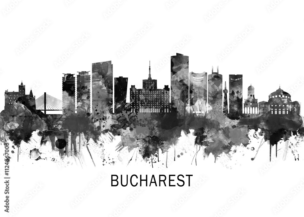 Fototapeta premium Bucharest Romania Skyline BW, cityscape buildings city skyline architecture illustration abstract modern painting travel poster landscape print urban art