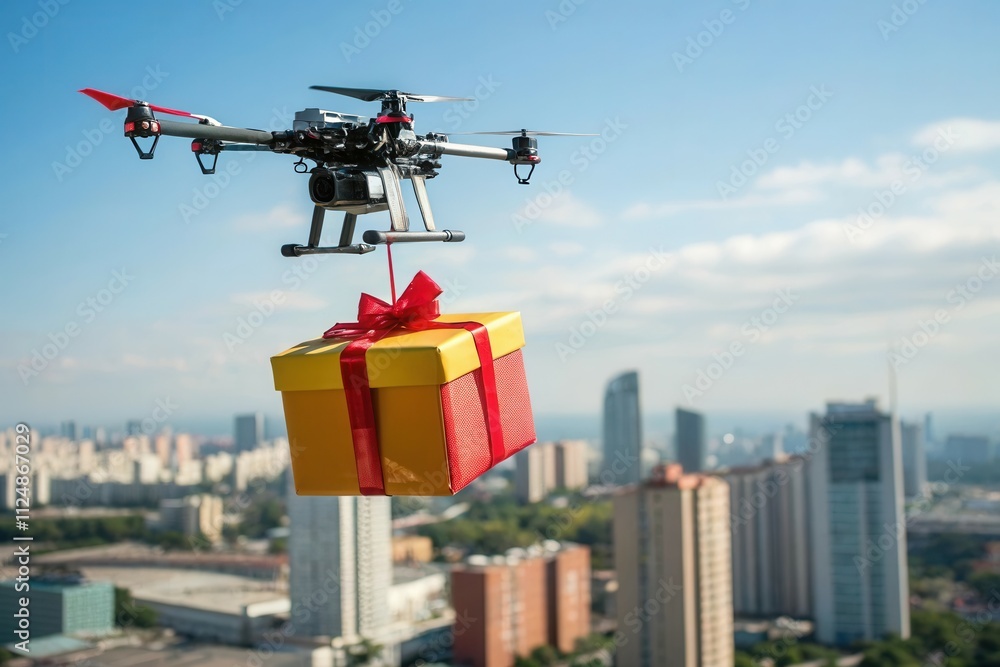 Drone delivering gift box over cityscape with tall buildings in background. Drone delivering gift box over cityscape with tall buildings in background.