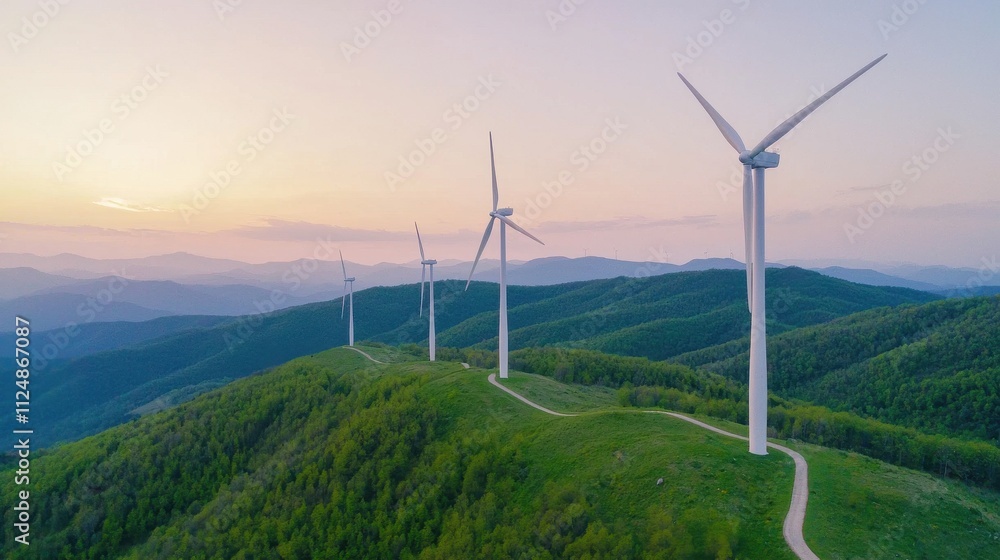 Scenic View of Wind Turbines on Rolling Hills at Sunset with Colorful Sky Scenic View of Wind Turbines on Rolling Hills at Sunset with Colorful Sky