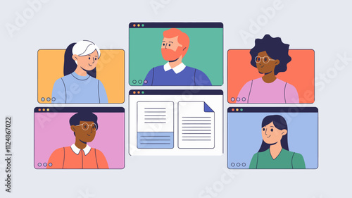 the people of diverse people on a video call. Each participant is displayed in their own rectangular screen, with one larger shared screen in the center showing a document being reviewed.