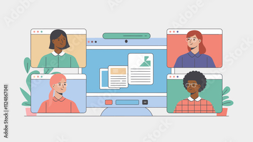 the people of diverse people on a video call. Each participant is displayed in their own rectangular screen, with one larger shared screen in the center showing a document being reviewed.