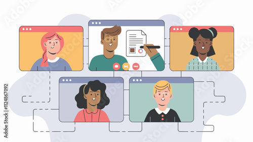 the people of diverse people on a video call. Each participant is displayed in their own rectangular screen, with one larger shared screen in the center showing a document being reviewed.