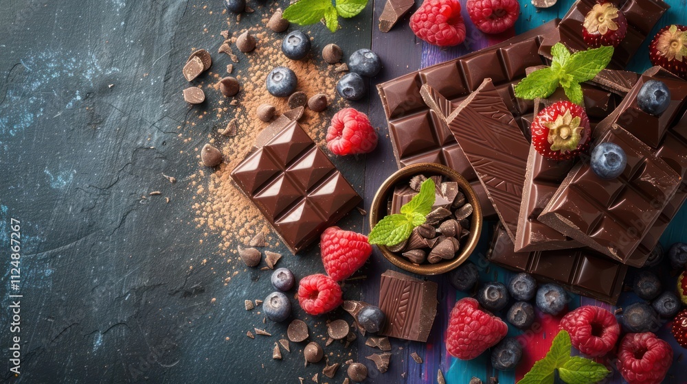 A colorful arrangement of chocolate, berries, and mint leaves for a delicious dessert display. A colorful arrangement of chocolate, berries, and mint leaves for a delicious dessert display.