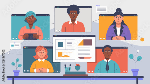 the people of diverse people on a video call. Each participant is displayed in their own rectangular screen, with one larger shared screen in the center showing a document being reviewed.