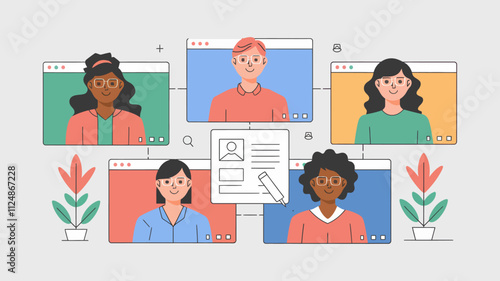 the people of diverse people on a video call. Each participant is displayed in their own rectangular screen, with one larger shared screen in the center showing a document being reviewed.