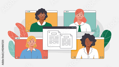 the people of diverse people on a video call. Each participant is displayed in their own rectangular screen, with one larger shared screen in the center showing a document being reviewed.