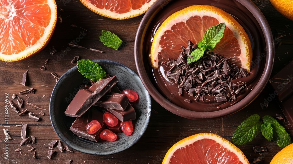 A delicious dessert scene featuring chocolate, oranges, and mint for a delightful treat. A delicious dessert scene featuring chocolate, oranges, and mint for a delightful treat.