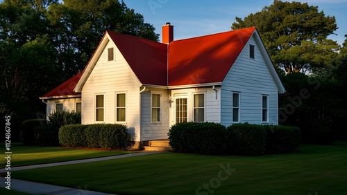 Charming White House with Red Roof and Front Porch at Sunset