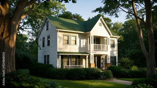 Two-Story White House with Green Roof in a Serene Neighborhood