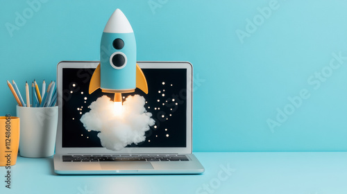 Rocket Launching From a Laptop on a Vibrant Blue Desk Showcasing Creativity and Innovation in Technology and Design During a Bright and Inspiring Workspace Setting