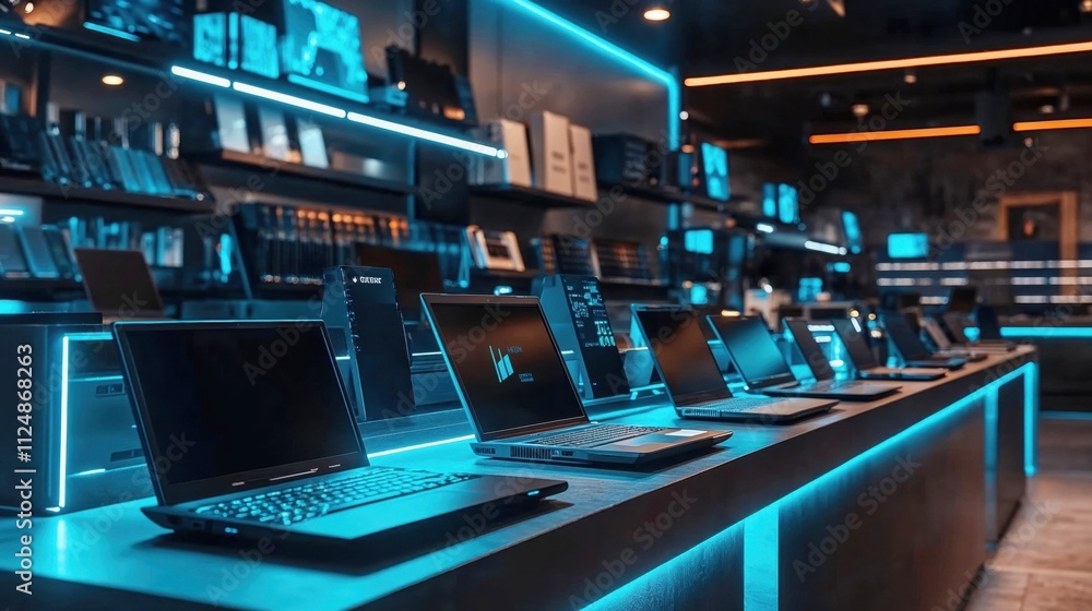 Modern gaming laptop display in futuristic store with neon blue lighting. High-tech retail space showcasing premium computers with dramatic technological atmosphere Modern gaming laptop display in futuristic store with neon blue lighting. High-tech retail space showcasing premium computers with dramatic technological atmosphere