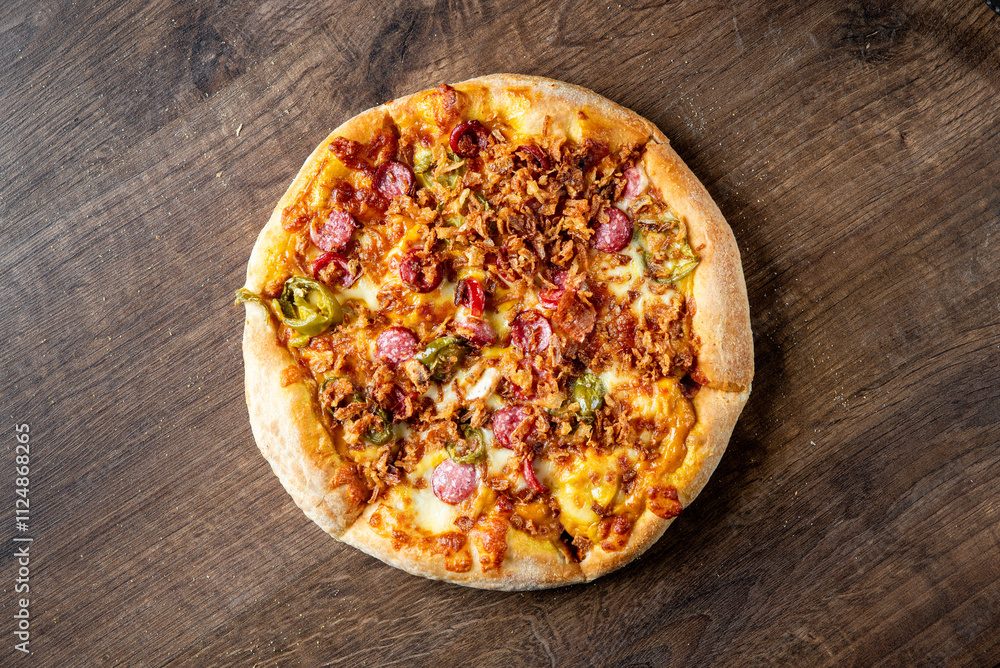 Delicious pizza topped with melted cheese, tender beef, mushrooms, pickles, and onions, sitting on a wooden surface. Ideal for food-related projects and culinary themes. Delicious pizza topped with melted cheese, tender beef, mushrooms, pickles, and onions, sitting on a wooden surface. Ideal for food-related projects and culinary themes.