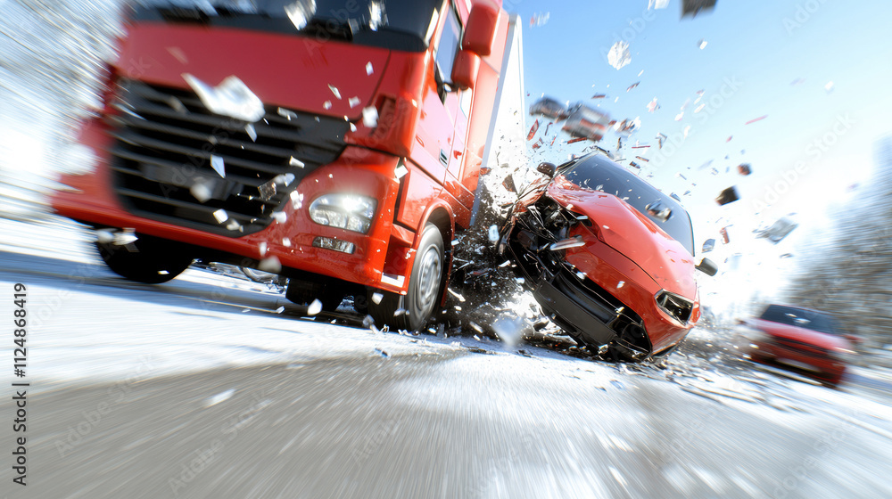 Naklejka premium Crash Occurs Between a Red Sports Car and a Large Truck on a Snowy Road During Winter, Showcasing the Intensity of the Collision and Debris in the Air