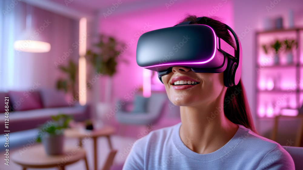 Immersive Virtual Reality Experience in a Modern Living Room With Vibrant Ambient Lighting Immersive Virtual Reality Experience in a Modern Living Room With Vibrant Ambient Lighting