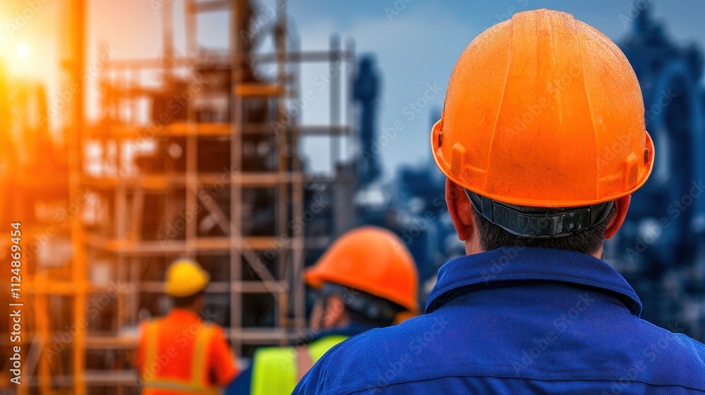 Construction workers in hard hats oversee a building site at sunset, emphasizing teamwork and safety on the job. Construction workers in hard hats oversee a building site at sunset, emphasizing teamwork and safety on the job.