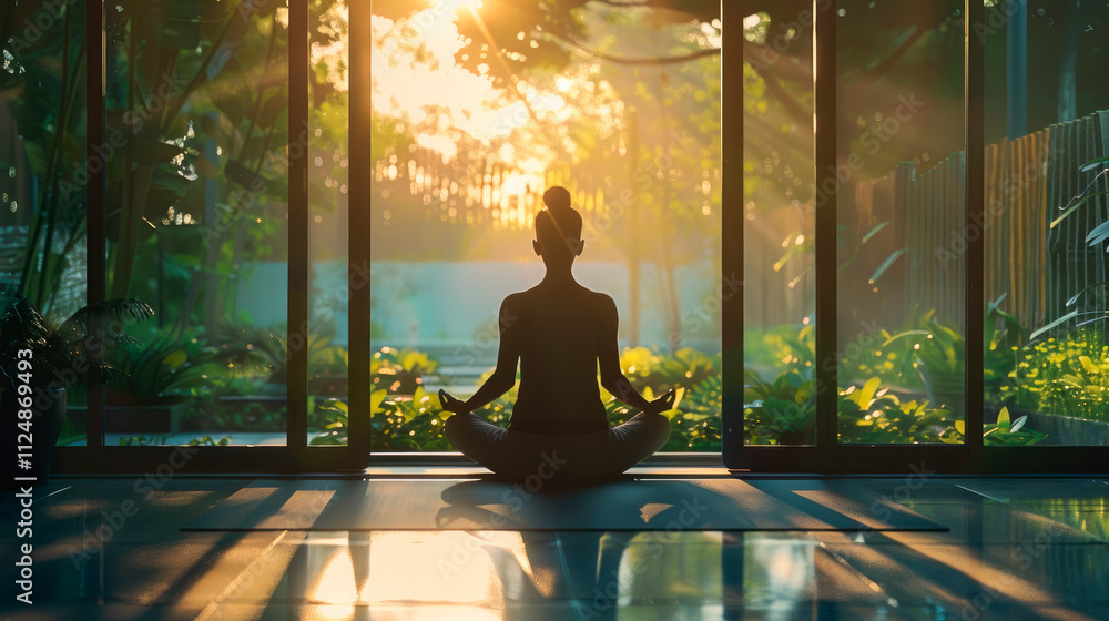 Morning meditation in peaceful garden image. Silhouette woman meditating in lotus position yoga sanctuary photography scene wallpaper. Spiritual practice concept photorealistic photo Morning meditation in peaceful garden image. Silhouette woman meditating in lotus position yoga sanctuary photography scene wallpaper. Spiritual practice concept photorealistic photo