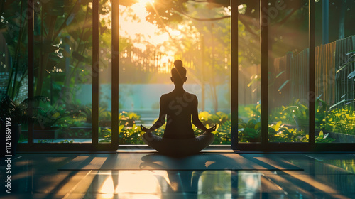Obraz na płótnie Morning meditation in peaceful garden image. Silhouette woman meditating in lotus position yoga sanctuary photography scene wallpaper. Spiritual practice concept photorealistic photo w salonie