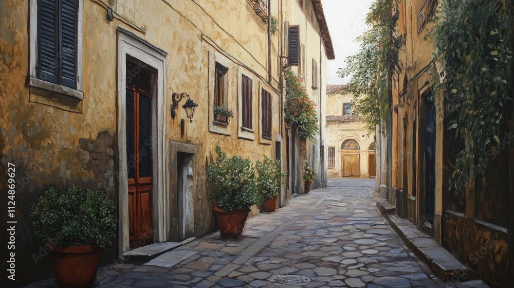 An painting of a hidden alley in Florence's Oltrarno district. with cobblestone alley and aged buildings An painting of a hidden alley in Florence's Oltrarno district. with cobblestone alley and aged buildings