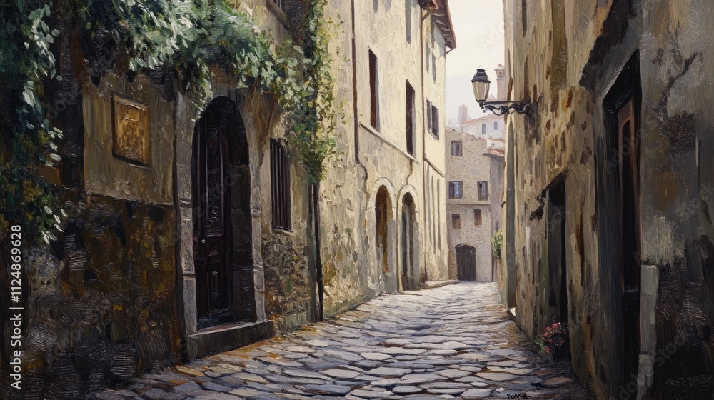 Fototapeta premium An painting of a hidden alley in Florence's Oltrarno district. with cobblestone alley and aged buildings