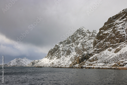 Winter harsh landscape in Lofoten Archipelago, Norway, Europe