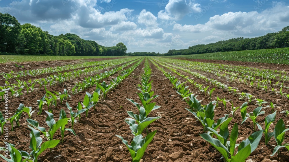 A lush field of young corn plants stretches towards the horizon under a blue sky. A lush field of young corn plants stretches towards the horizon under a blue sky.