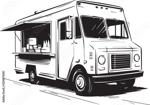 a black and white drawing of a food truck 